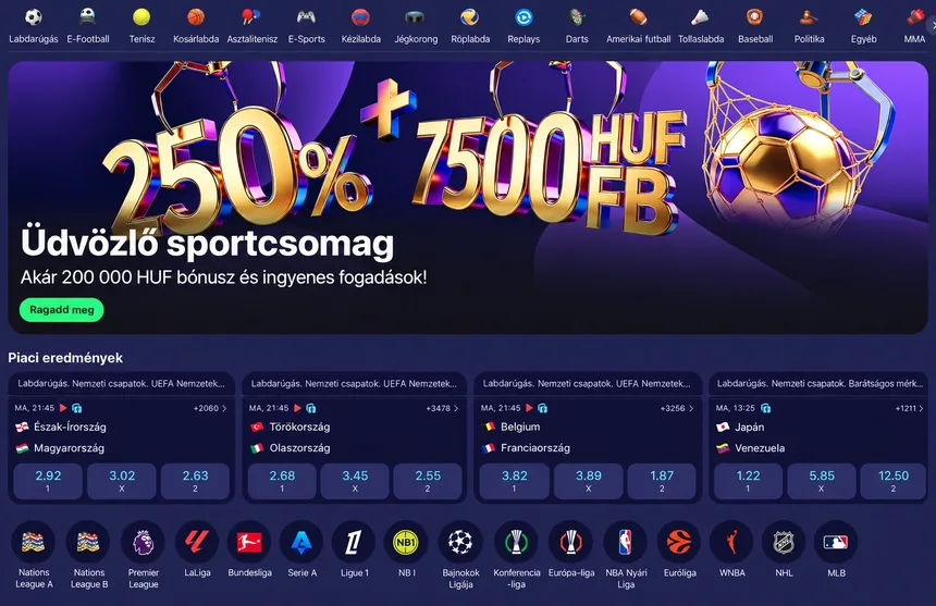 A BetMatch sportfogadási felülete: sportágak, üdvözlő sportcsomag és aktuális szorzók